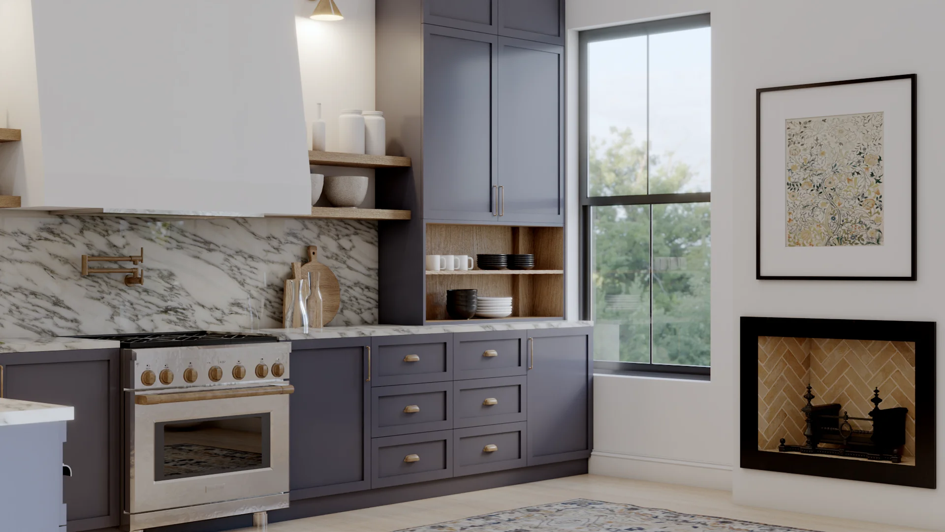 Blue shaker kitchen angle showing herringbone fireplace insert, garden-view window, oak open shelves with ceramics, and floral art print on white wall