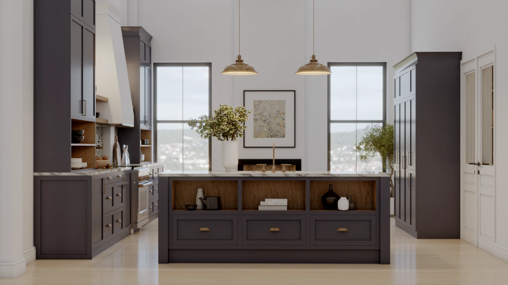 Transitional kitchen with deep charcoal shaker cabinets, island with walnut-backed open shelves, marble countertop, double antique brass dome pendants, and white plaster range hood by Debora Interiors