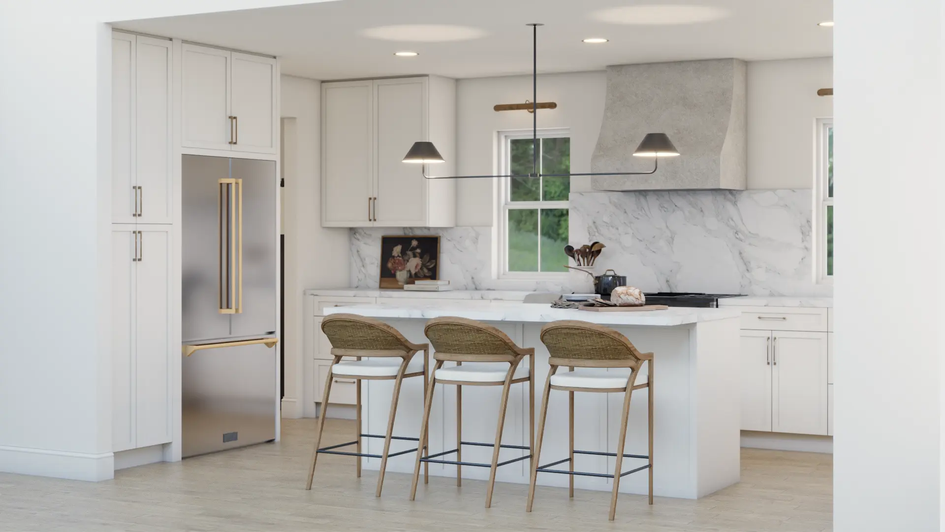 Contemporary kitchen with a green velvet sofa and wooden paneling, adding elegance and modern style. Expertly designed by Debora, based in New York.