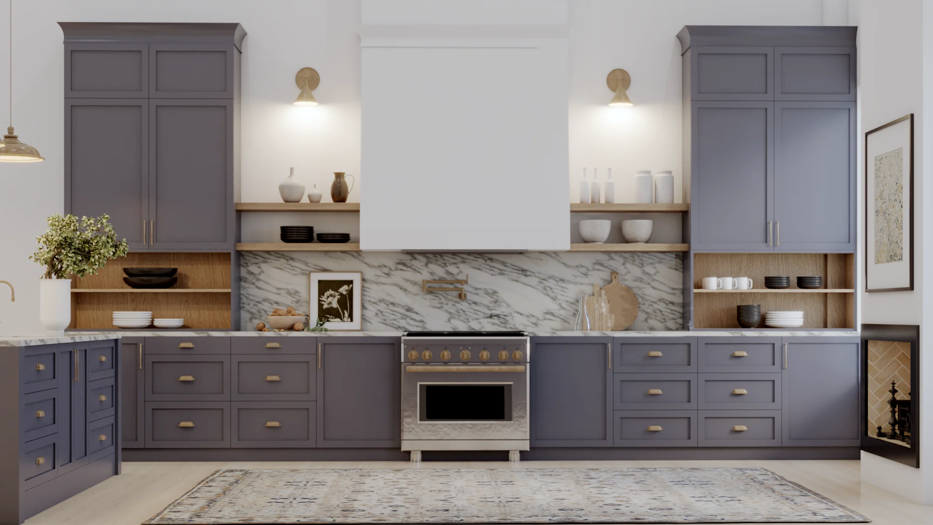 Symmetrical view of blue shaker range wall with white marble backsplash, brass cup pulls, flanking open oak shelves, globe sconces, and herringbone fireplace insert on right