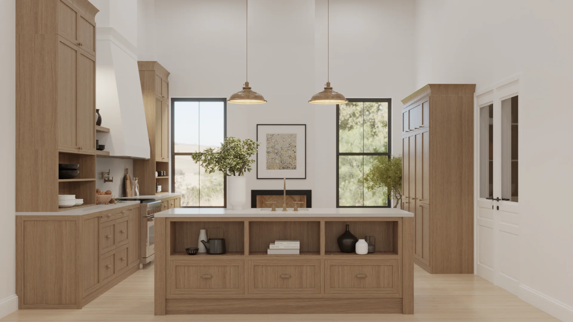 Transitional kitchen with natural oak shaker cabinets, oak island with open shelf bays, white quartz countertop, double brass pendants, plaster range hood, and black-framed windows by Debora Interiors
