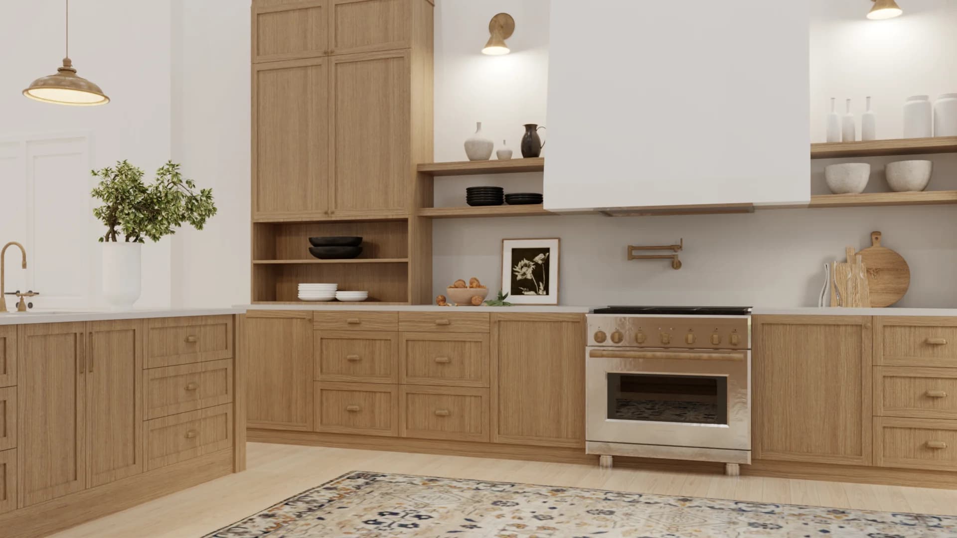 Close-up of oak shaker range wall with white quartz countertop, brass pot filler, open shelving with black and white ceramics, botanical art print, and floral rug