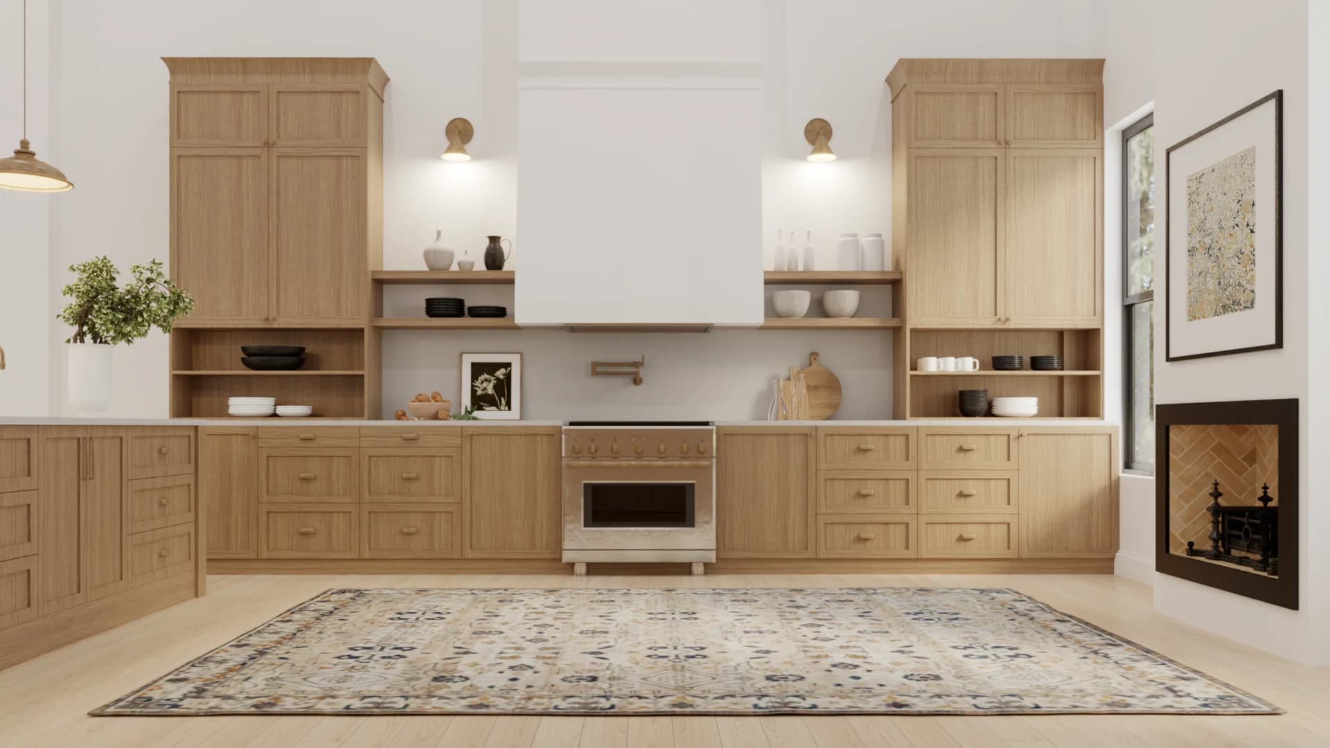 Symmetrical front view of full oak shaker range wall with white countertops, flanking open shelves with ceramics, globe sconces, and herringbone fireplace insert with andirons