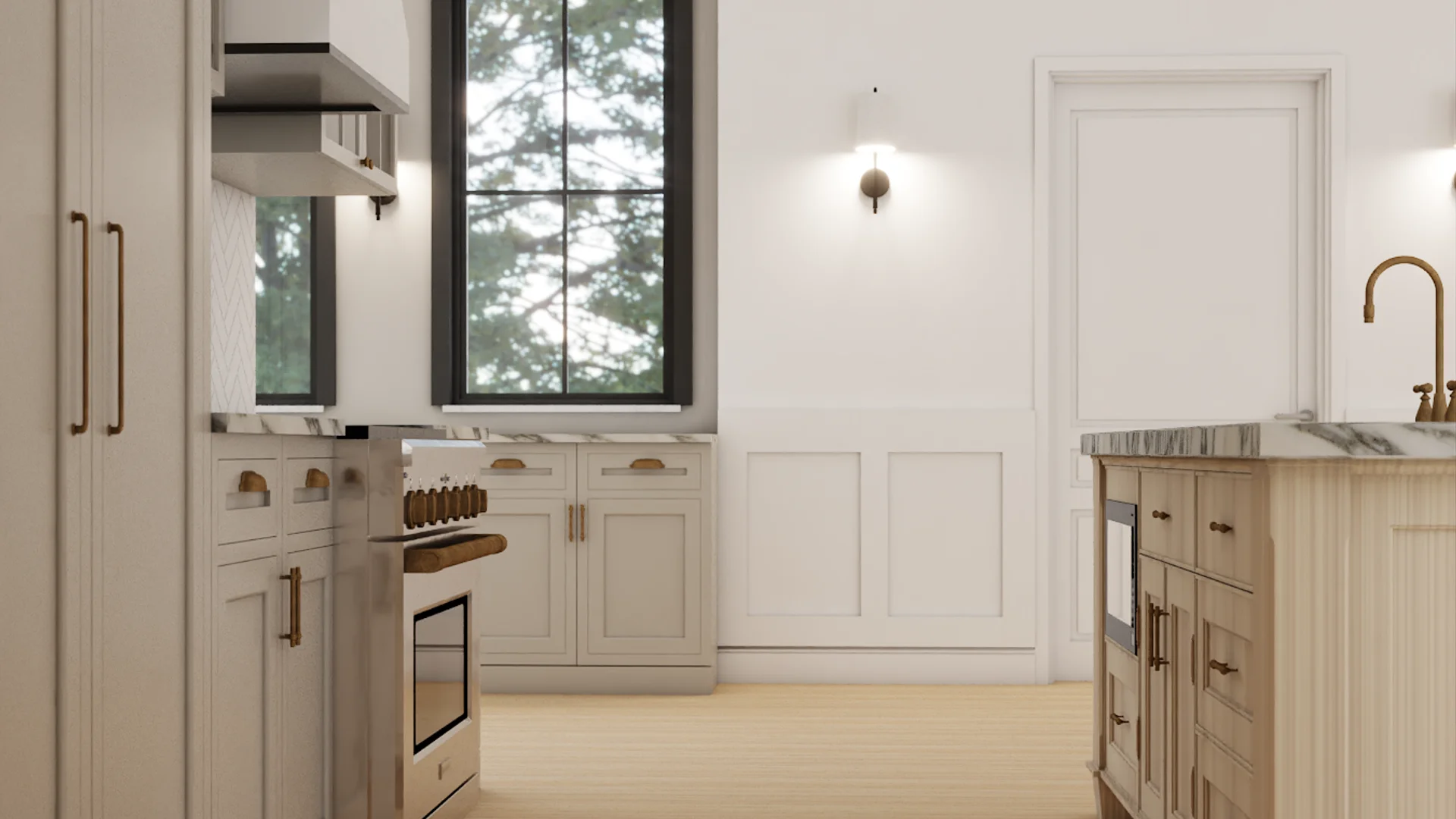 Taupe shaker kitchen angle showing pro range with herringbone backsplash, tall garden-view window, wainscoting accent wall with brass sconce, and marble-topped oak island