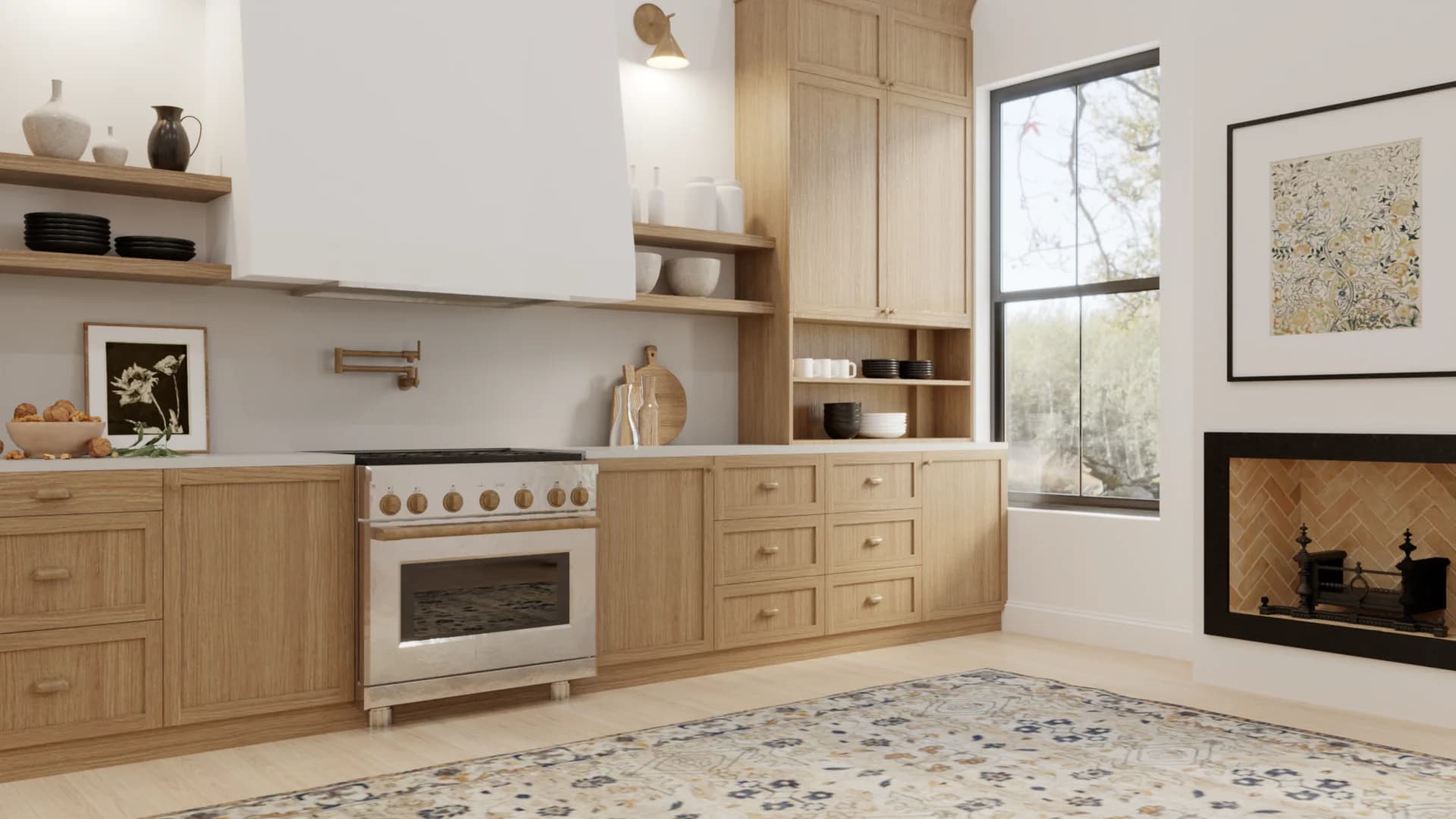 Oak shaker kitchen corner showing range with white hood, open shelves with ceramics, brass sconce, garden-view window, and herringbone fireplace insert with floral art