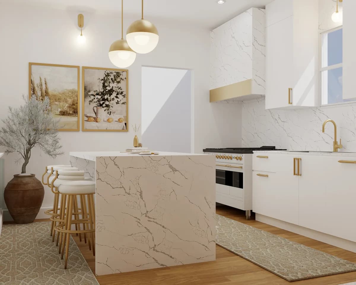 White kitchen with Calacatta marble waterfall island, brass globe pendants, and wicker bar stools on oak floors