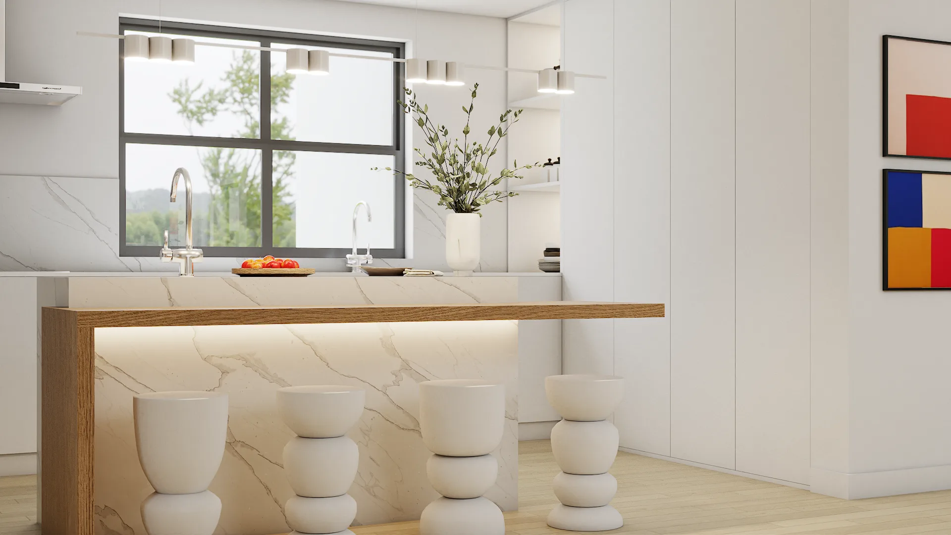 Kitchen waterfall island viewed from living area with bubble stools and colorful art on wall