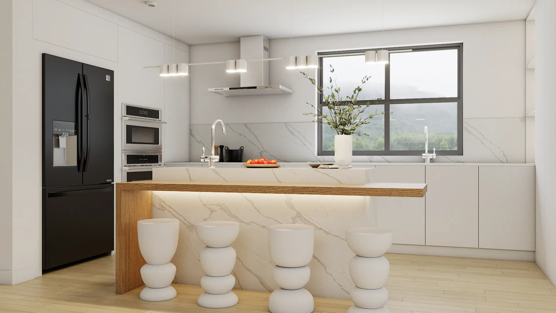 White kitchen with Calacatta marble waterfall island, oak LED base, black French-door fridge, and sculptural bubble stools