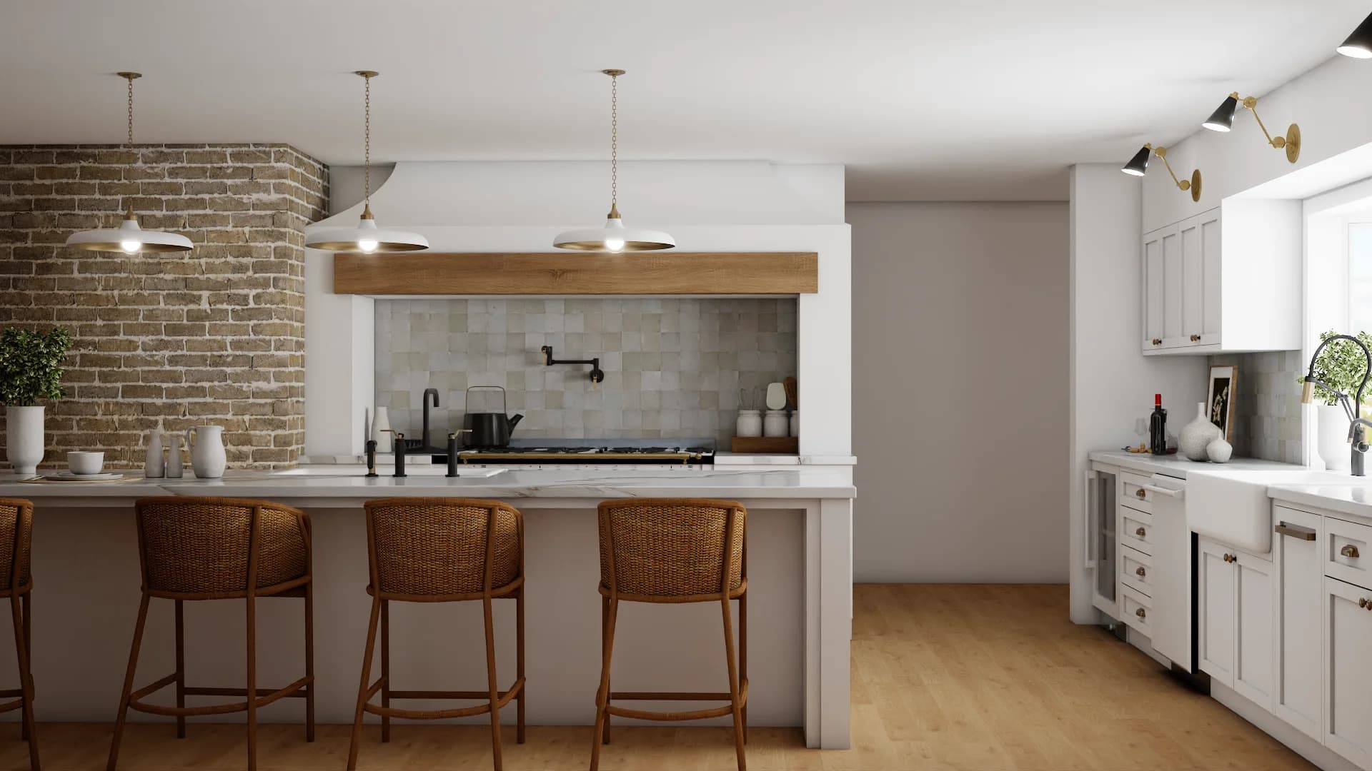 Wicker rattan bar stools at marble island with brass disc pendants and exposed brick