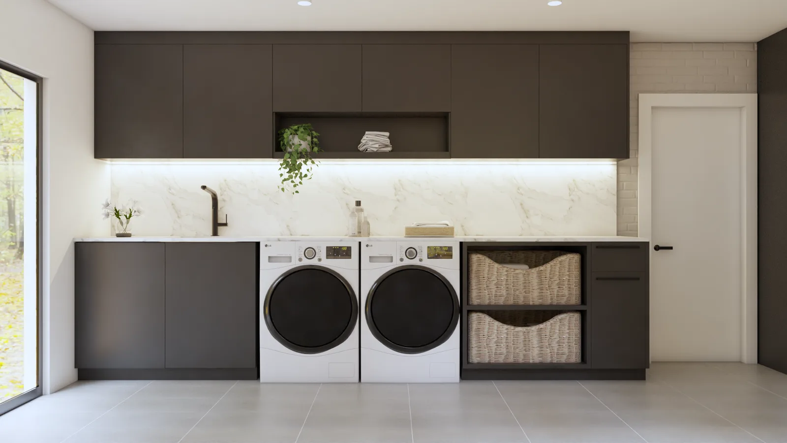 Charcoal flat-panel laundry room with marble backsplash, LED underlighting, utility sink, and wicker basket cubbies