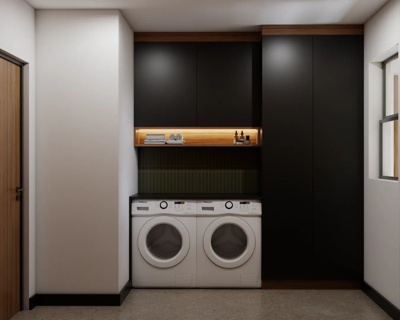Matte black flat-panel laundry room cabinets with olive green vertical tile and LED wood shelf above front-load washers