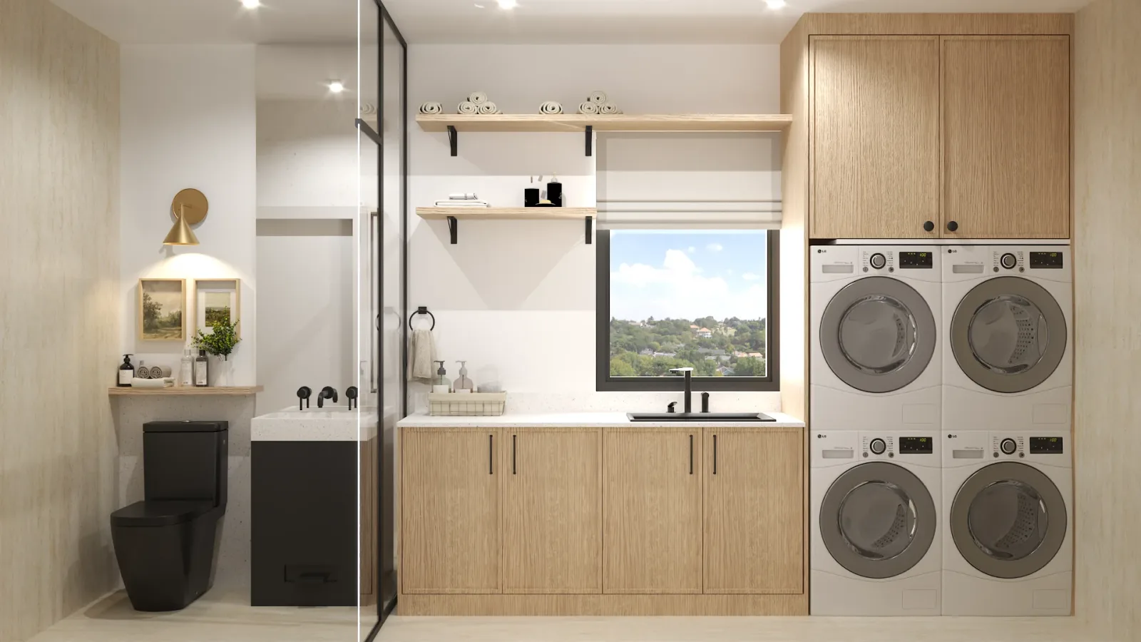 Japandi laundry room with blonde oak cabinets, matte black hardware, glass partition, and stacked washer-dryer