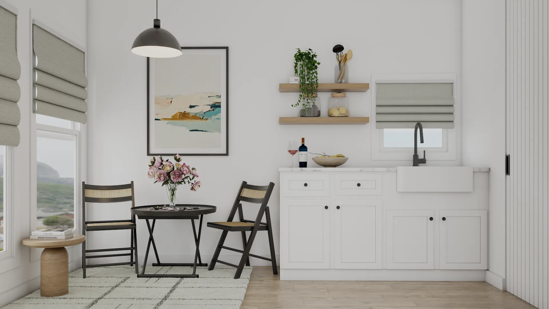 White shaker cabinets with brass knobs, farmhouse sink, floating oak shelves, and bistro table
