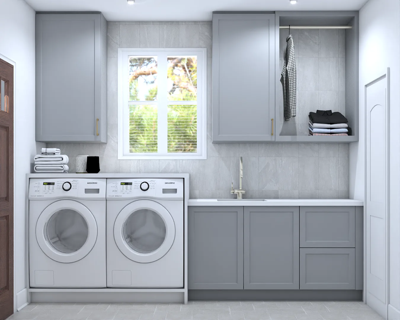 Gray shaker laundry room with side-by-side front-loaders, open hanging rod, and utility sink