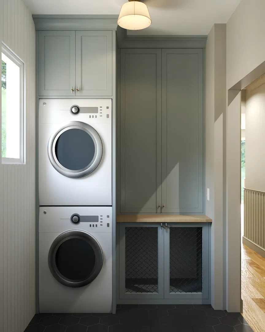 Navy shaker laundry alcove with marble backsplash, bronze hardware, and side-by-side front-load washer and dryer