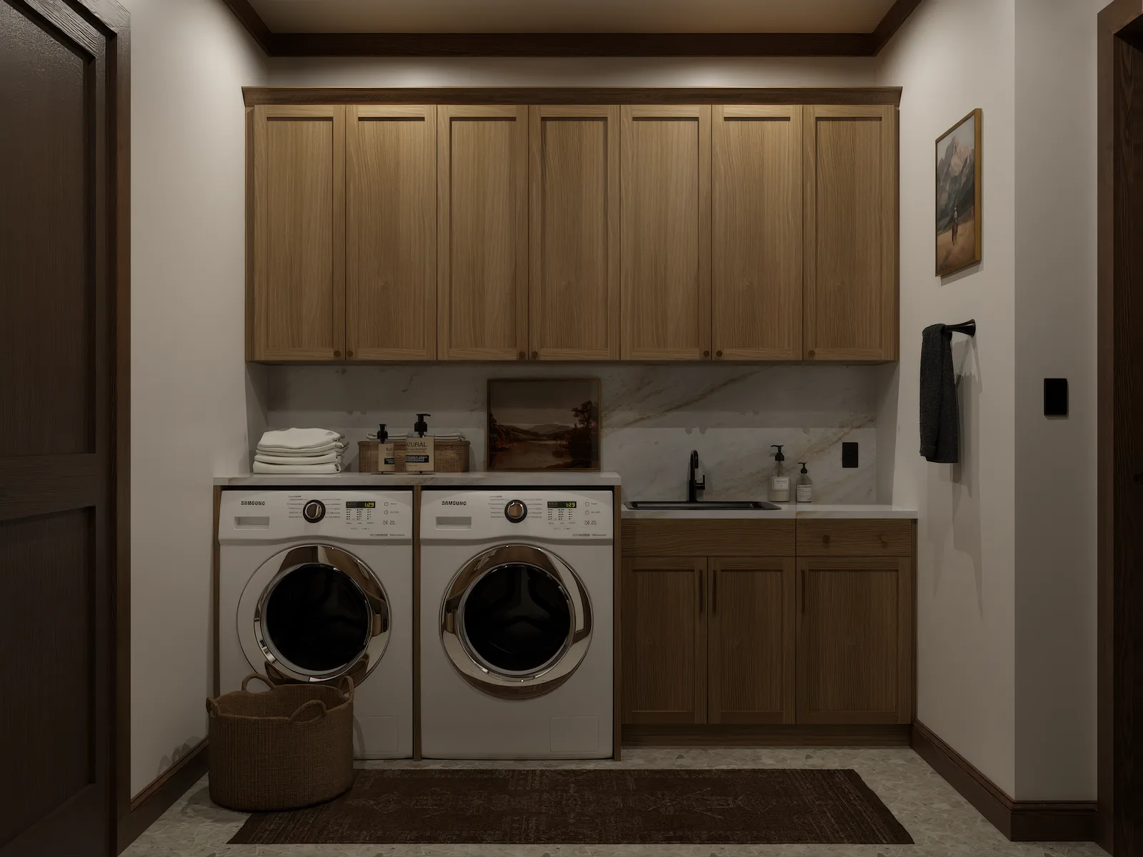 Oak shaker laundry room with marble backsplash, utility sink, side-by-side washer and dryer, and crown molding