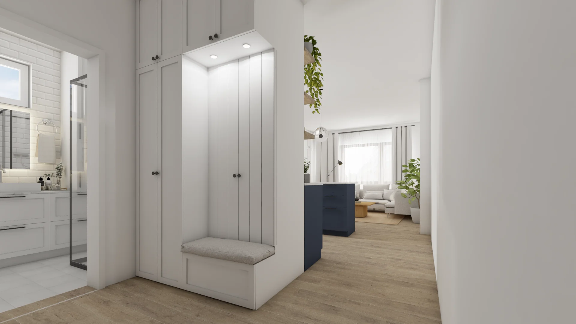 White shiplap panel doors conceal washer dryer in hallway laundry closet with bench
