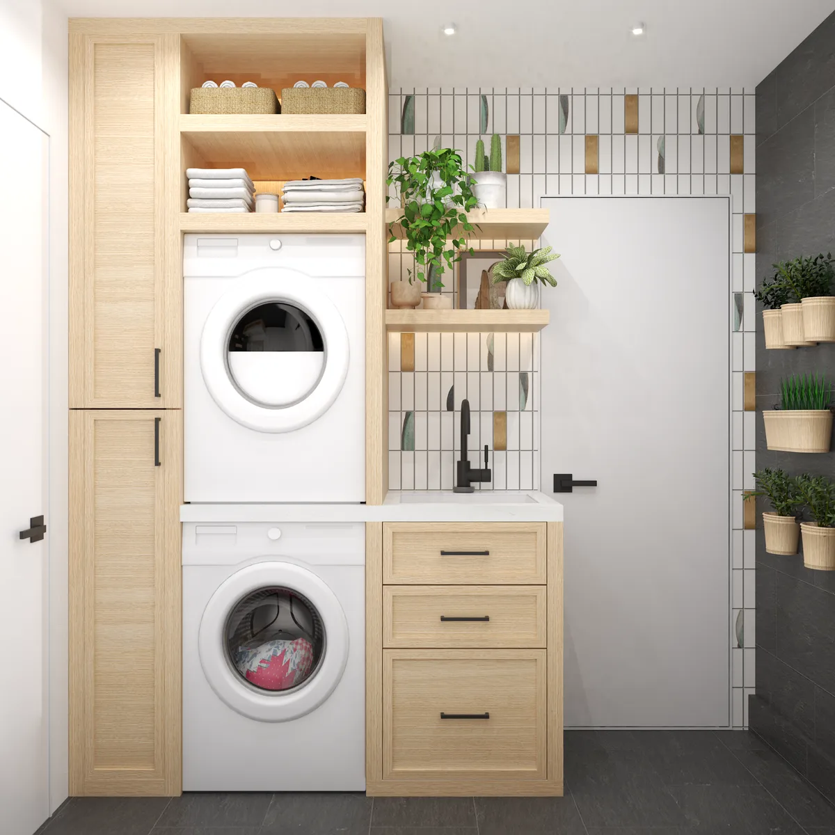 Scandinavian laundry room with stacked washer dryer in oak built-in cabinet and terracotta tile backsplash