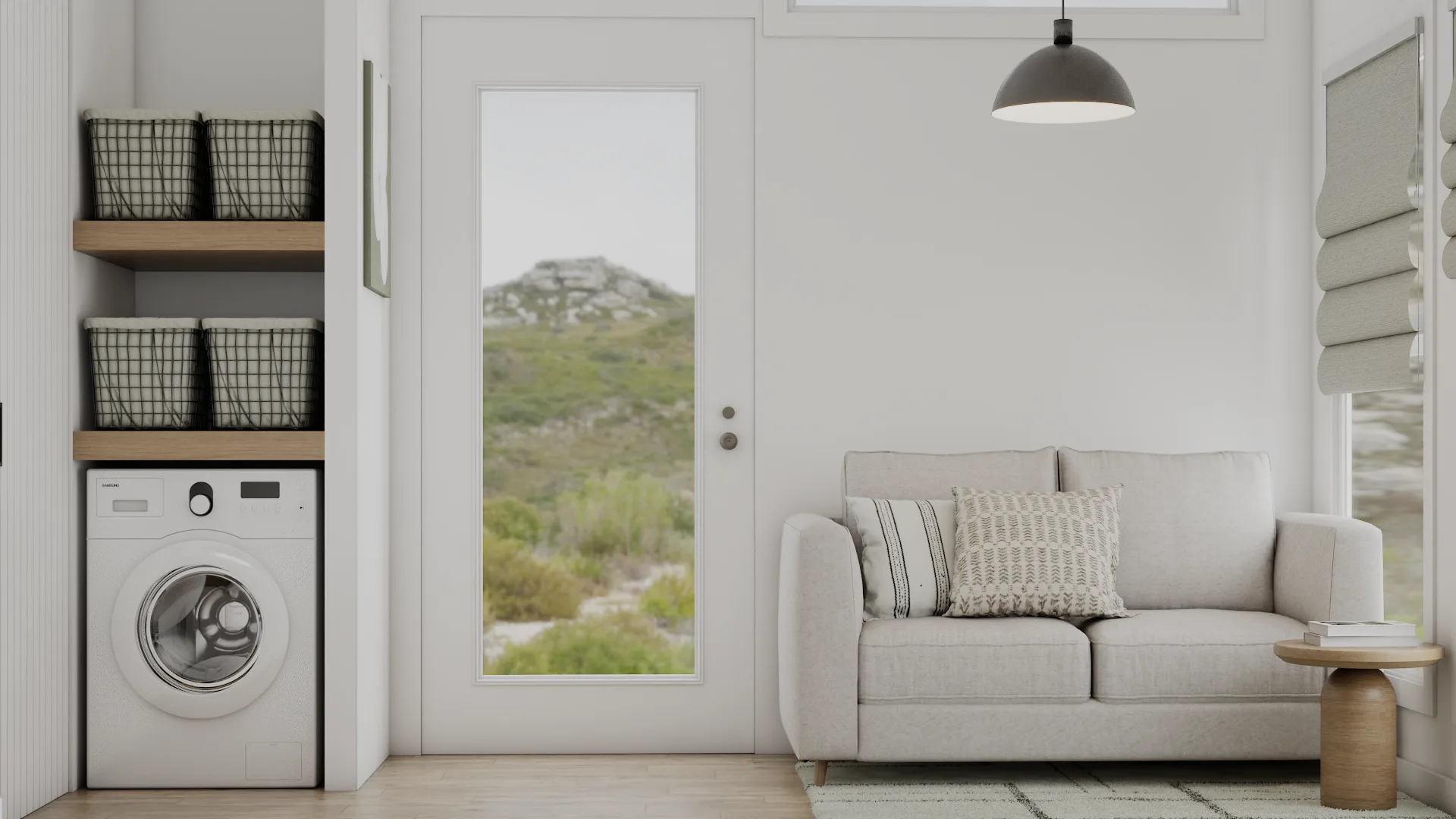 Small laundry room with wire baskets on oak shelves, cream loveseat, and glass door with mountain view