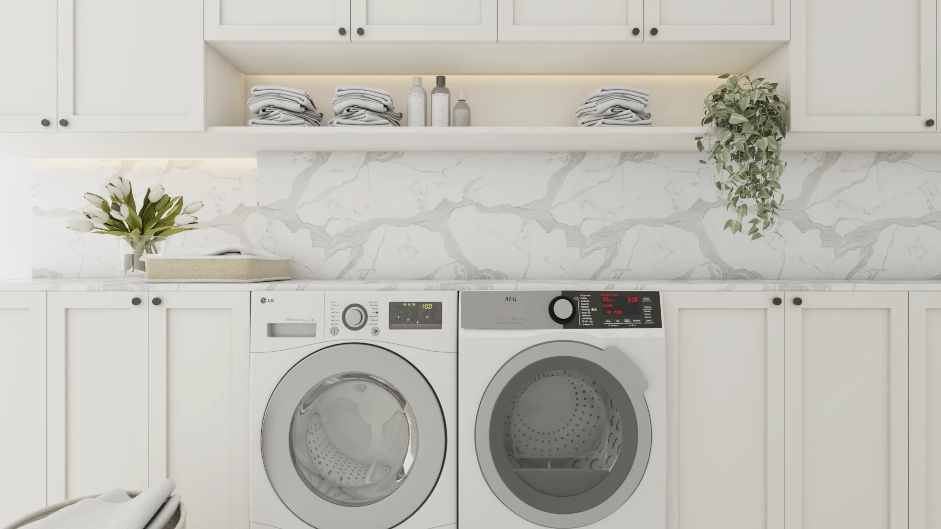 White laundry room with marble backsplash, shaker cabinets, side-by-side washer and dryer, and open folding shelf