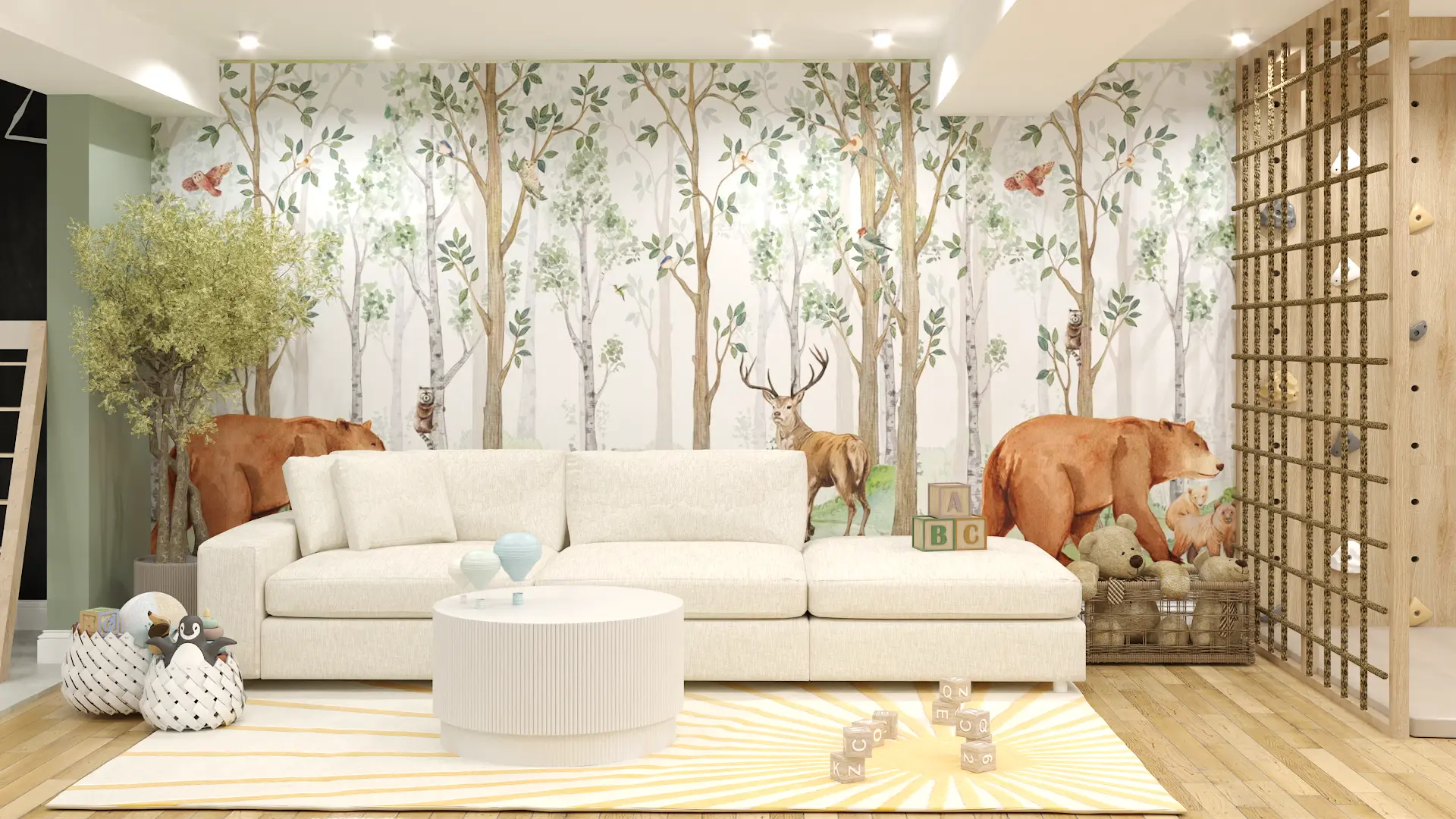 cozy woodland playroom with sofa, baskets, and soft rug