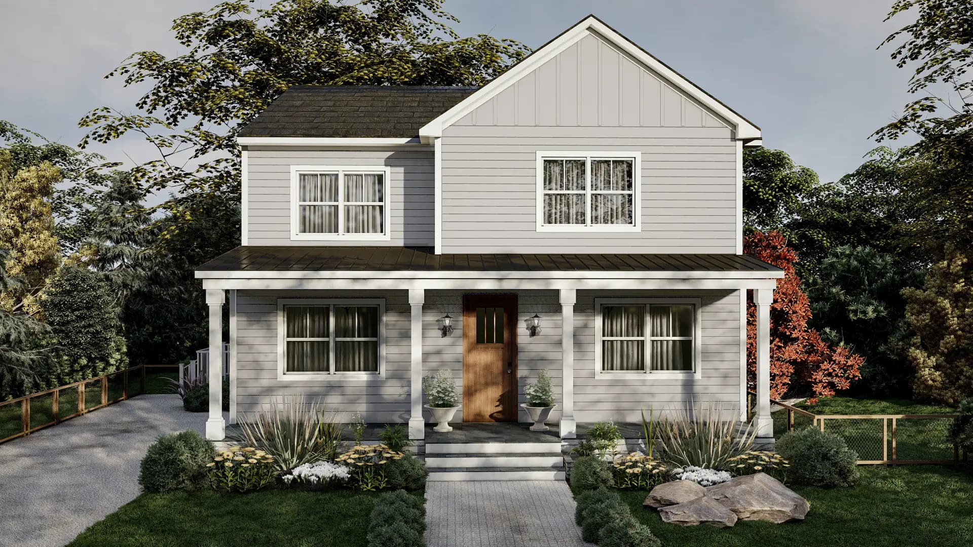 An elegant townhouse with a modern facade, featuring large windows and a stylish entrance. The design seamlessly blends classic and contemporary elements, creating a sophisticated urban home. Design by Debora, an online interior design service.