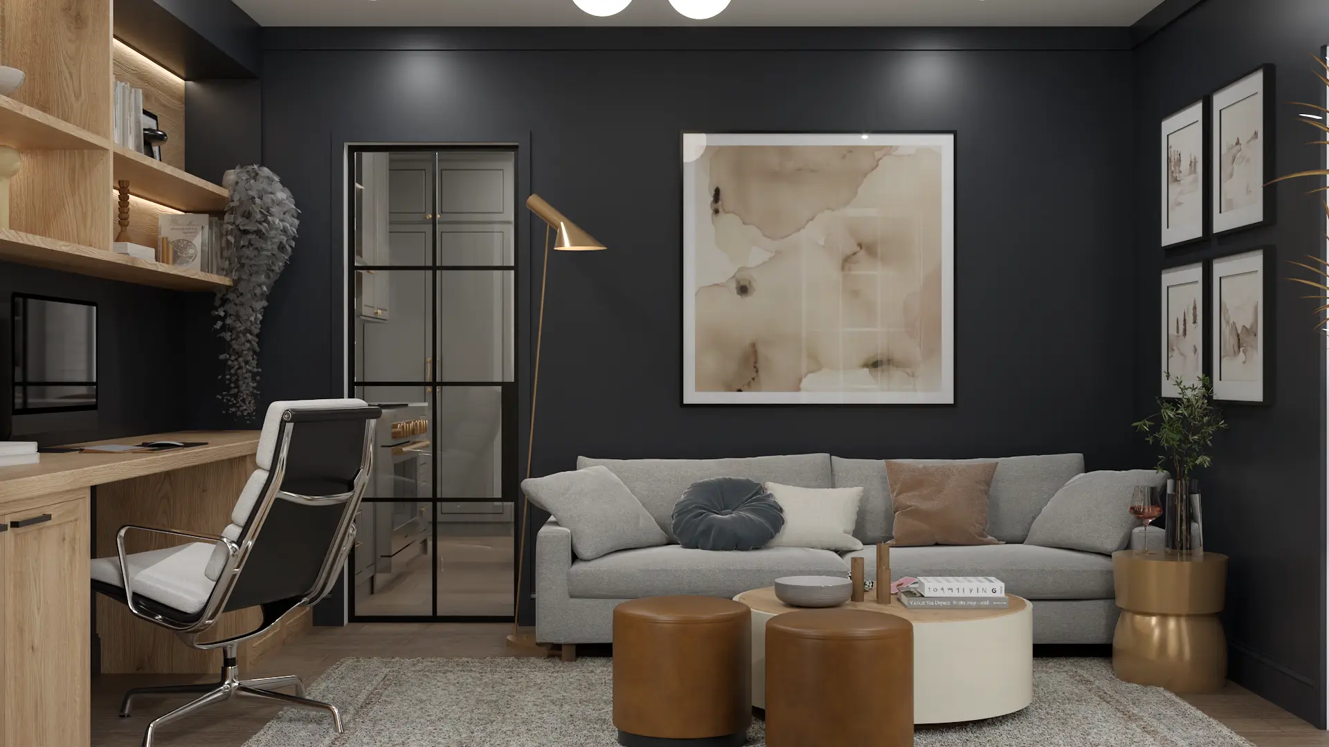 Charcoal-walled living room with gray sectional, caramel leather pouf accents, and brass arc floor lamp, showing how layered lighting transforms a moody palette