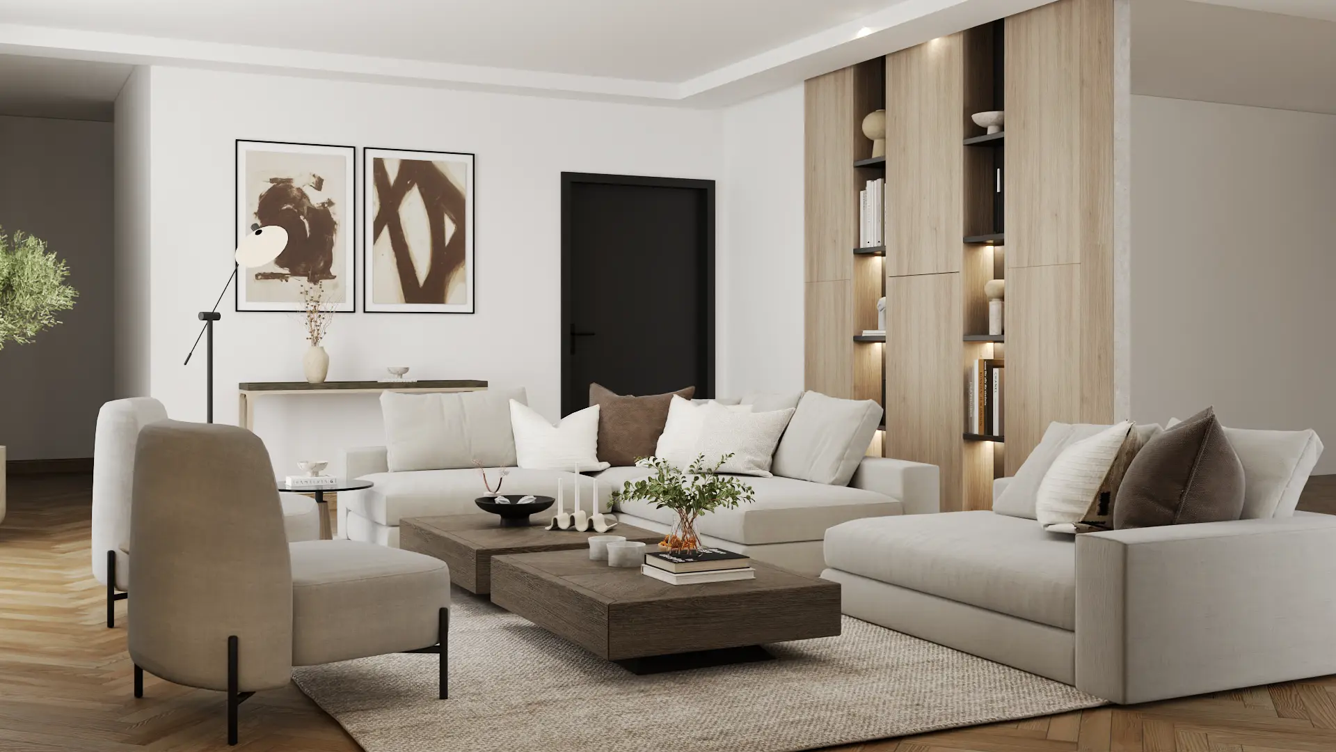 Elegant living room in neutral tones with modern furniture and stylish decor, embodying serenity and elegance. Design by Debora, an online interior design service.