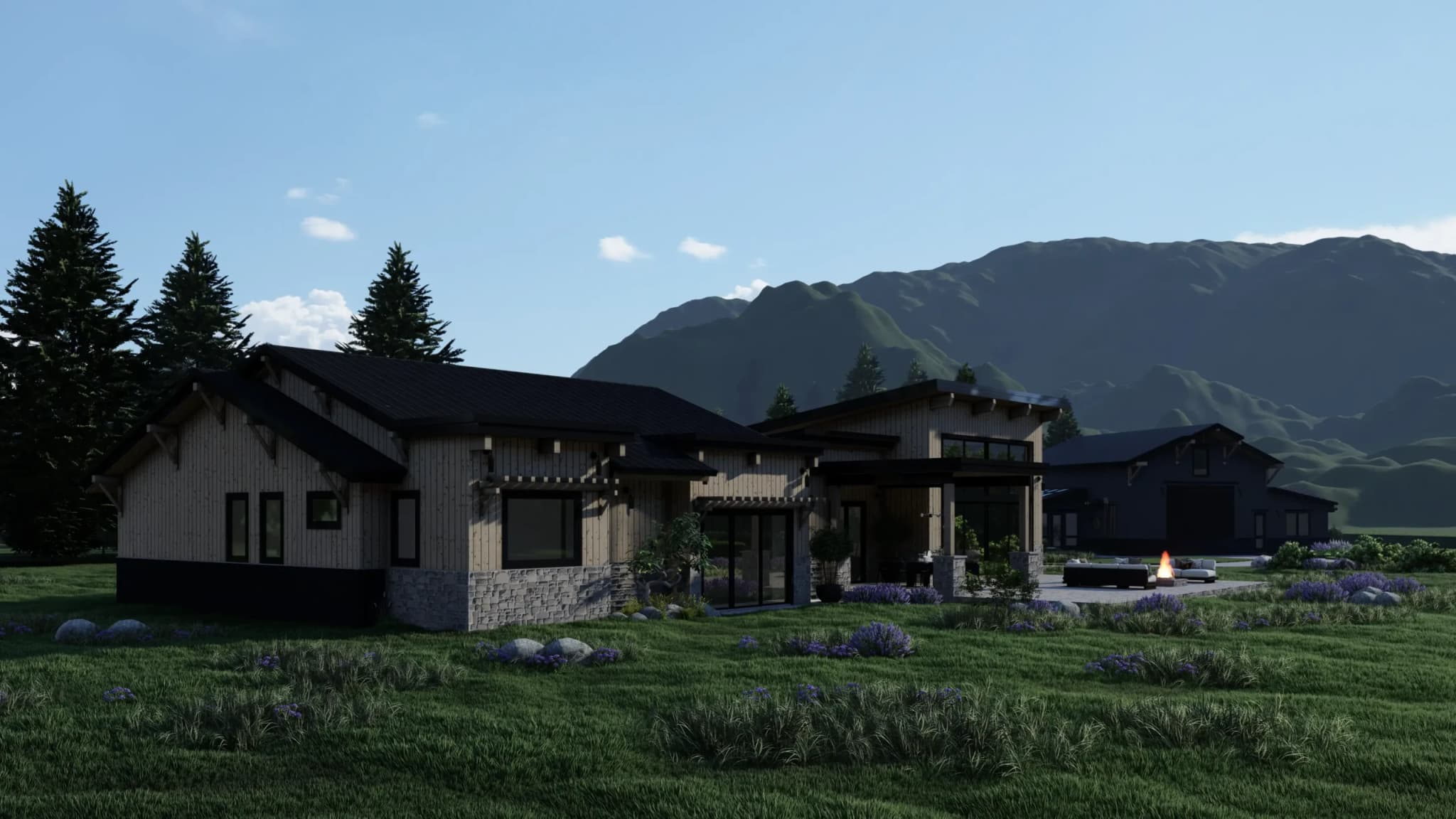 A modern cabin with a sleek design situated in a mountain landscape, featuring floor-to-ceiling windows that provide breathtaking views of the surrounding mountains. Design by Debora, an online interior design service.