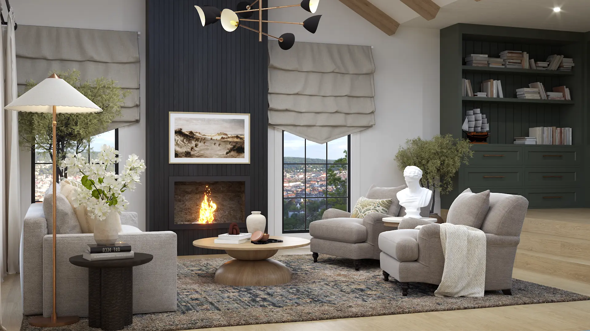 Cream sectional living room with olive sage pillows and warm wood ceiling beams, showing how warm and cool tones can be deliberately balanced through accents