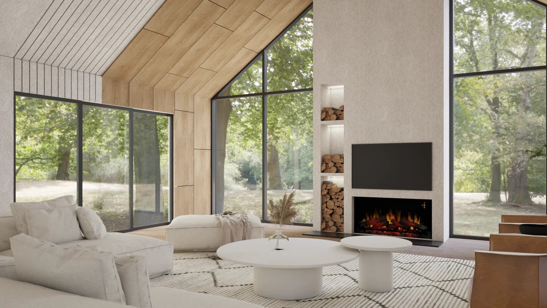 Organic modern A-frame living room with vaulted wood ceiling, cream sectional, round coffee tables and fireplace.