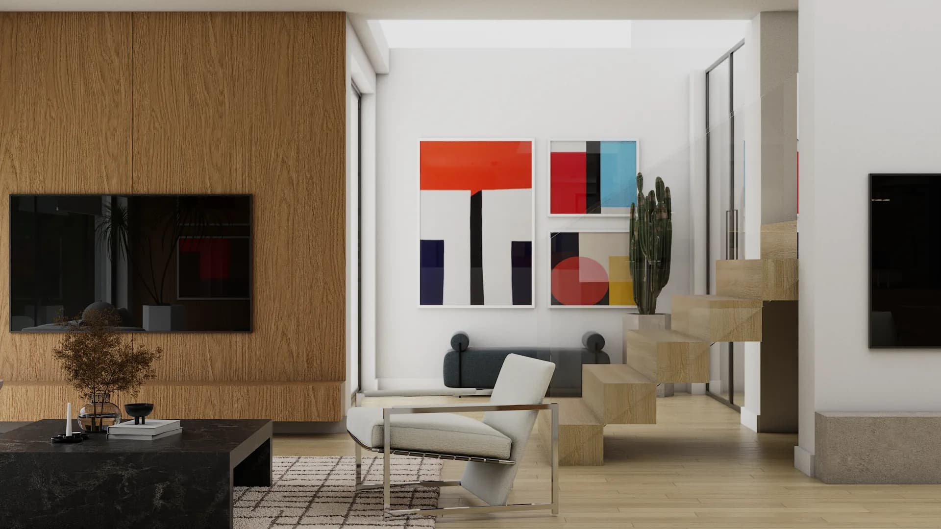 Wood-paneled TV wall with geometric diptych art, travertine staircase, and marble coffee table