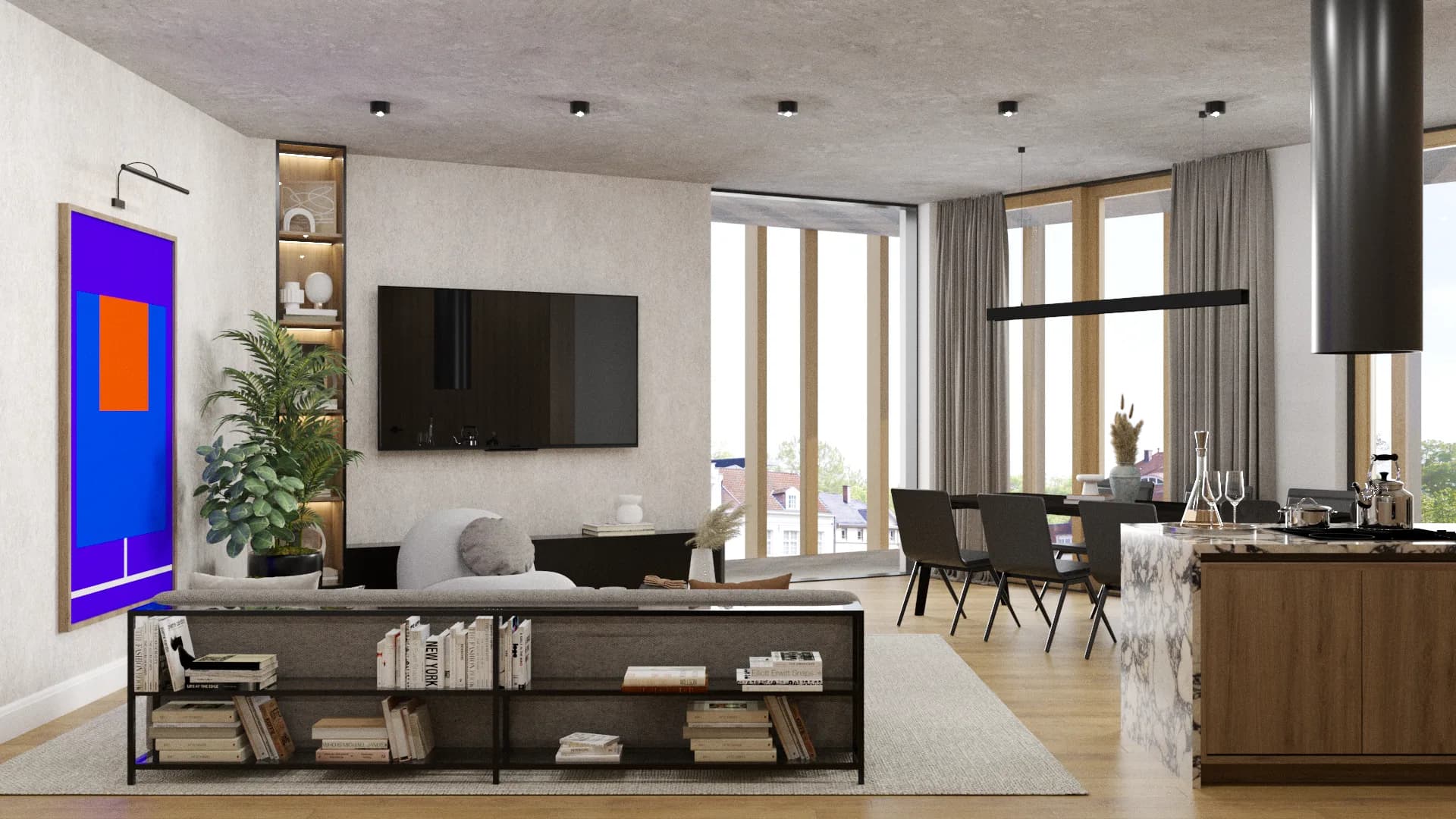 Contemporary open-plan living room with blue and orange abstract canvas, gray sofa, concrete ceiling, low console bookcase, linear dining pendant, and floor-to-ceiling windows