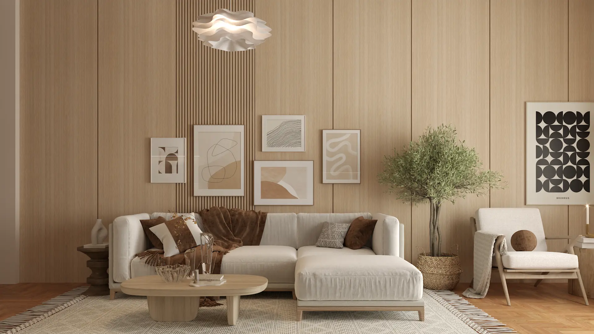 Minimalist living room with a neutral color scheme and a gallery wall of geometric and abstract art pieces, offering a clean and sophisticated aesthetic. Design by Debora, an online interior design service.