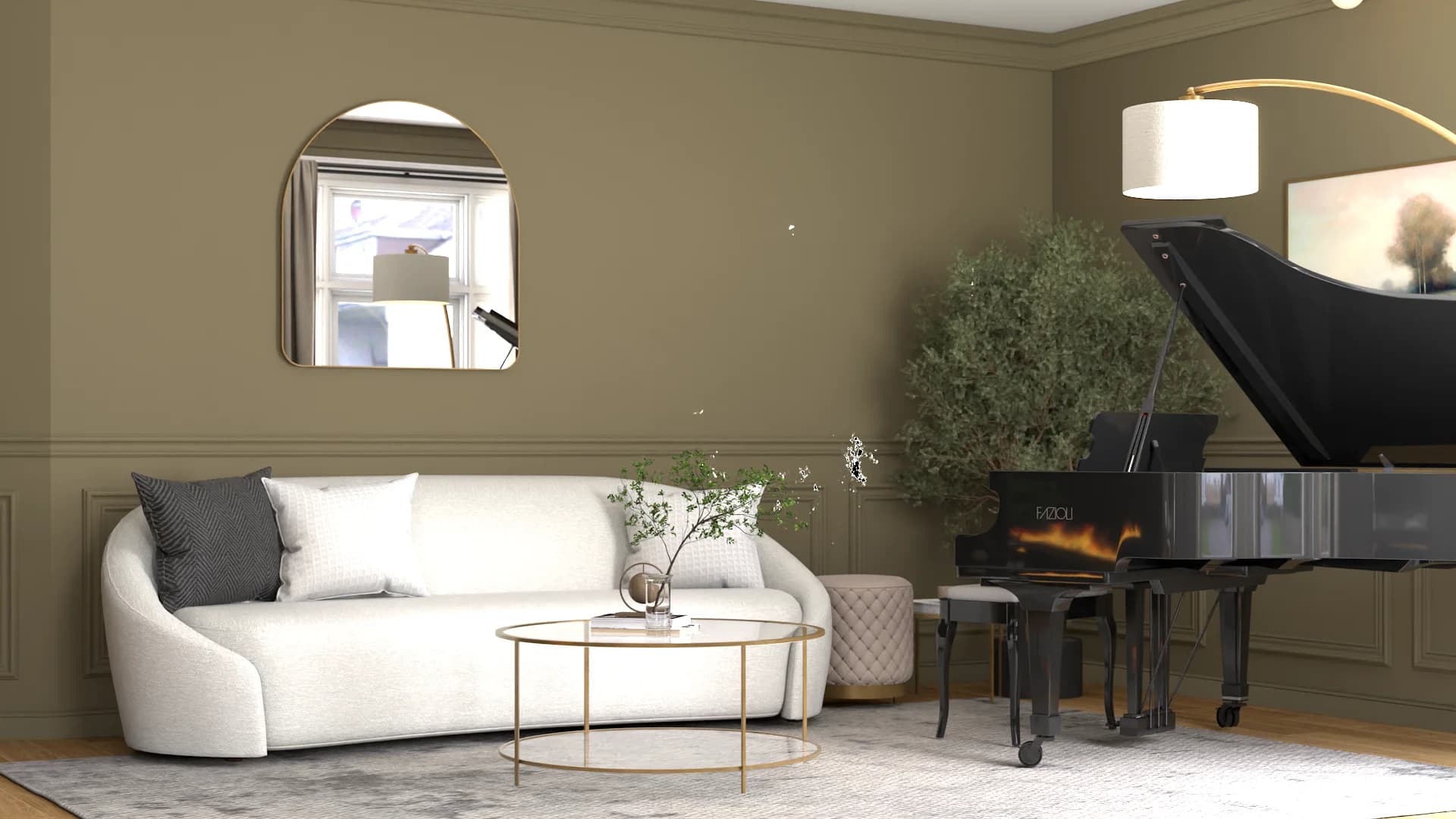 Curved sofa near piano and tall black bookcase with glass doors