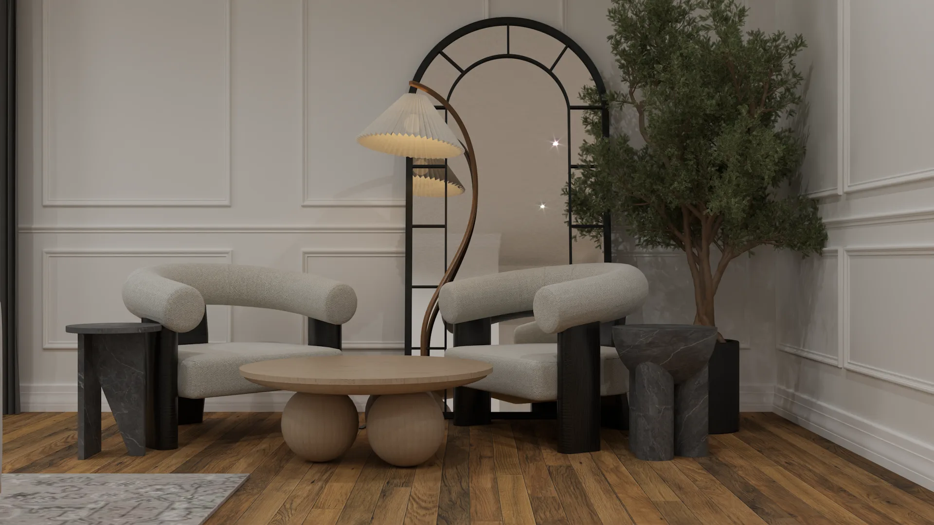 Sculptural boucle armchairs with sphere travertine coffee table, arched black mirror, slate side tables, and olive tree in paneled room