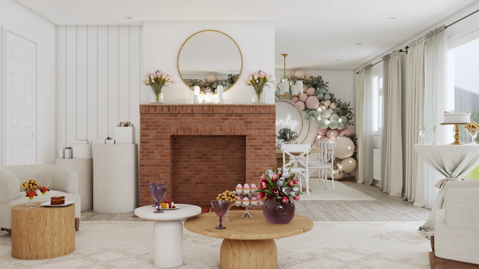 Brick fireplace with round gold mirror and white vertical paneling in farmhouse living room