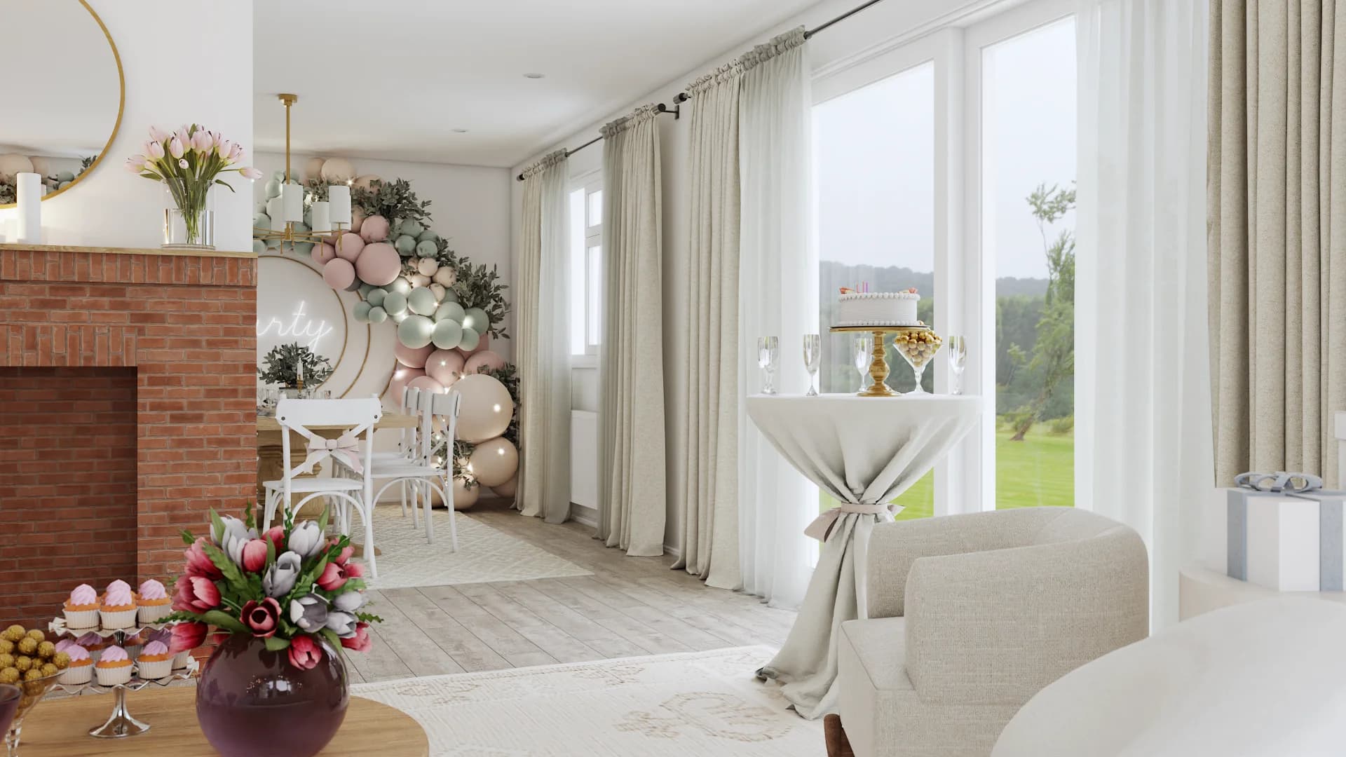 Side angle of brick fireplace with gold mirror, mantel decor, and french doors with curtains