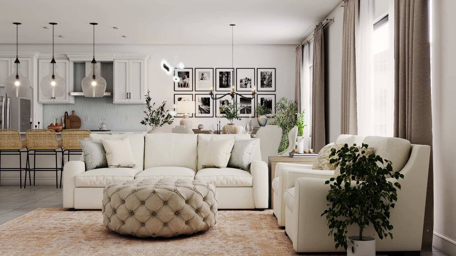 Farmhouse open-plan living room with cream sofas, tufted ottoman, B&W gallery wall, and rattan stools at kitchen island