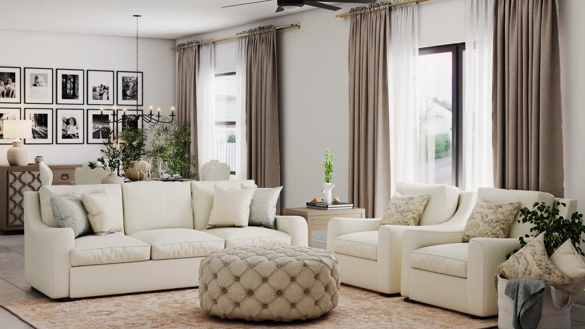 Modern farmhouse living room with cream sofa and armchairs, taupe drapes, wrought iron candelabra, and peach vintage rug
