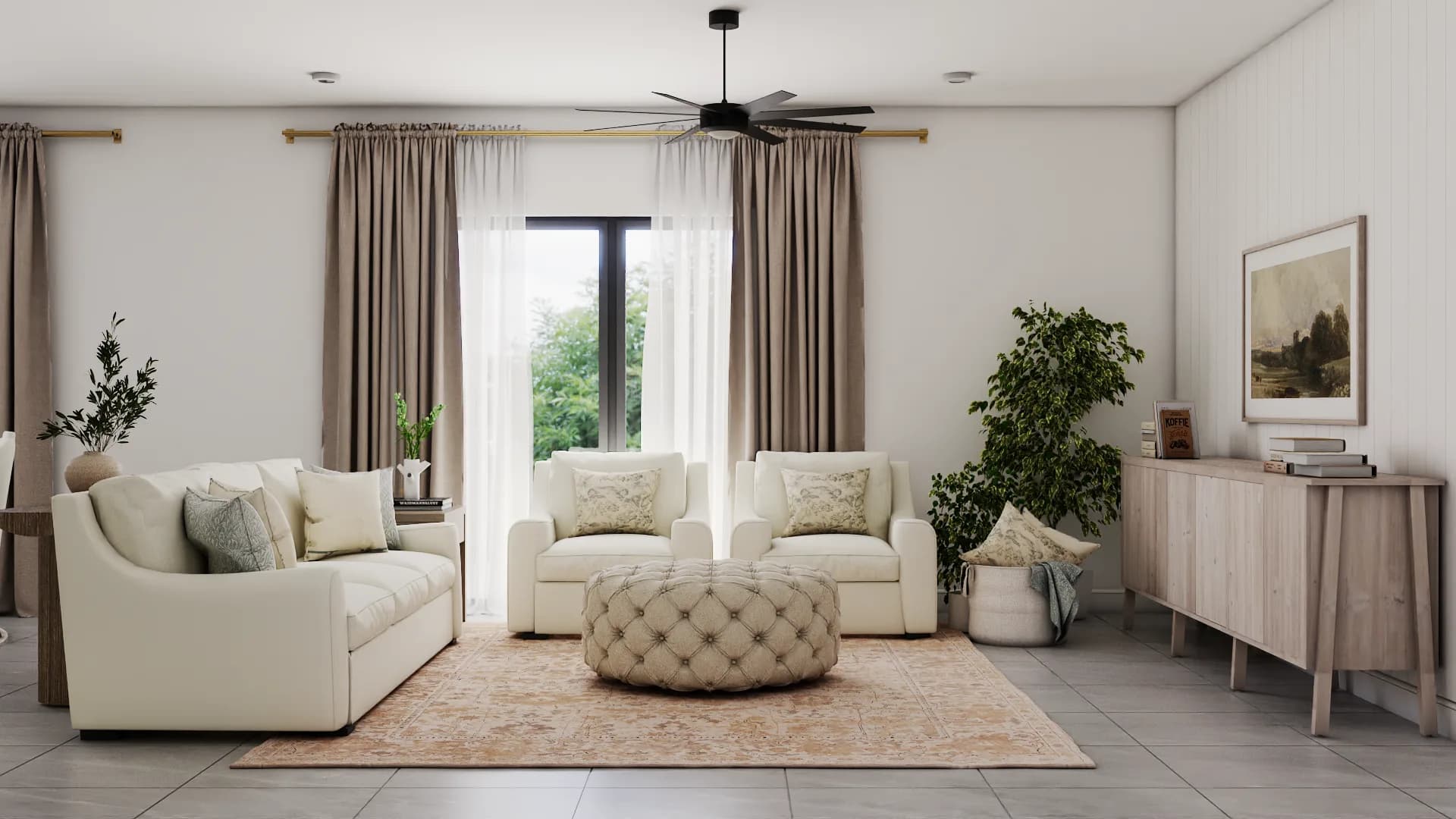 Wide-angle view with cream sofas, tufted ottoman, black ceiling fan, and oak sideboard with landscape art