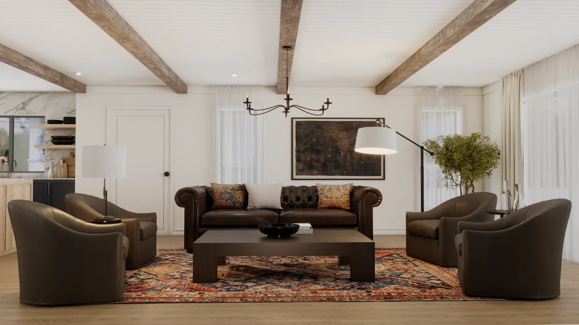 Dark leather Chesterfield sofa, wood ceiling beams, iron chandelier, and Persian rug in open-plan living room