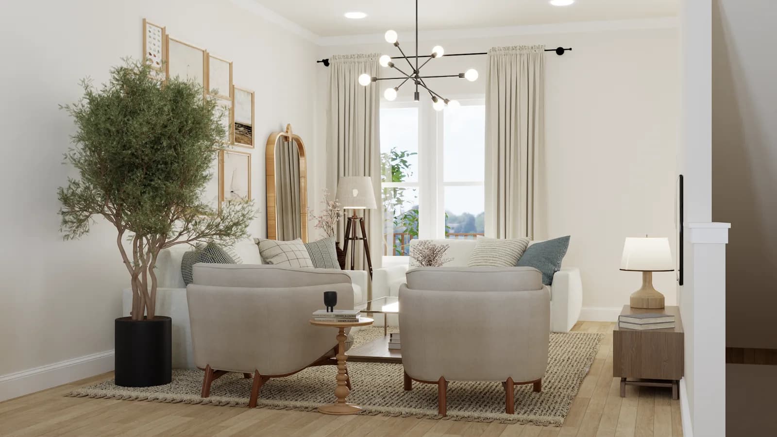 Two cream armchairs with walnut legs, tripod lamp, and sputnik chandelier with linen curtains