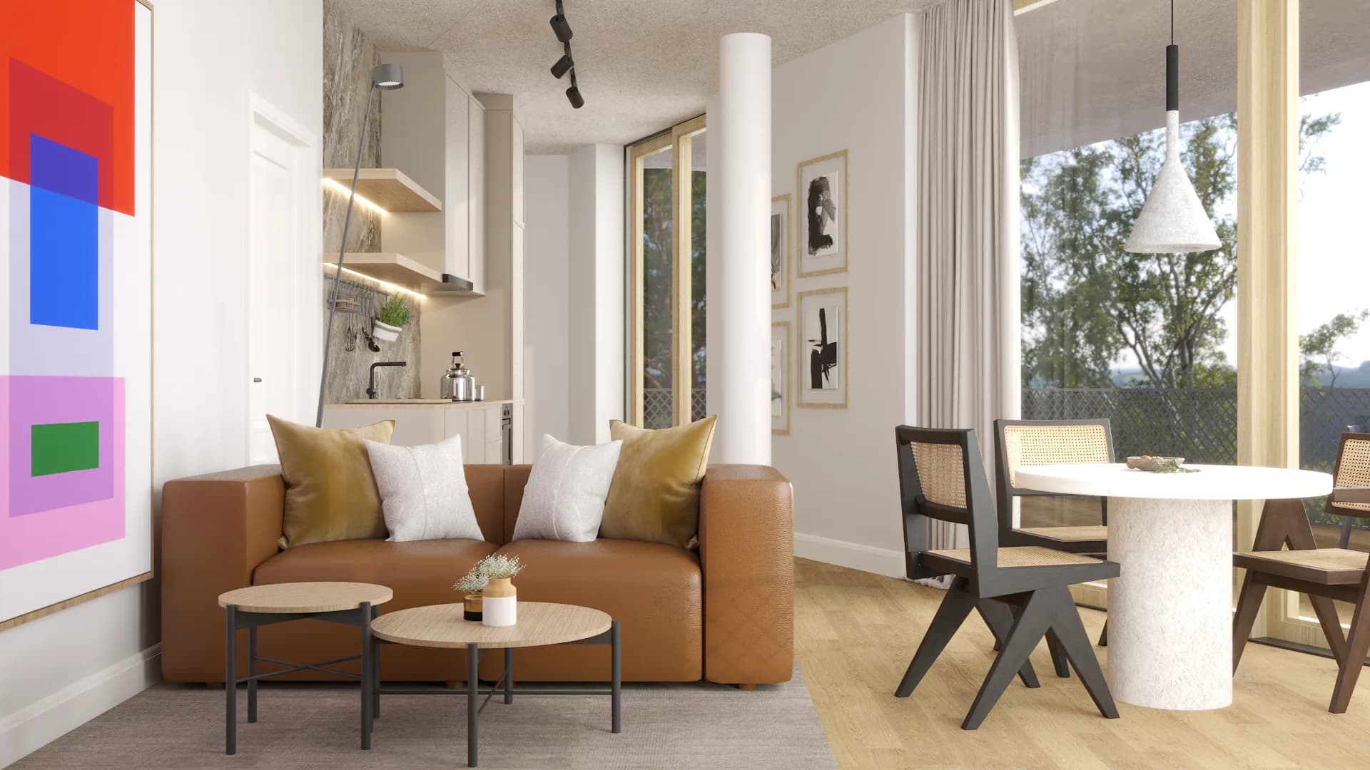 Compact contemporary loft with tan leather sofa, nested round oak coffee tables, exposed concrete columns, colorful abstract art, and floor-to-ceiling city windows