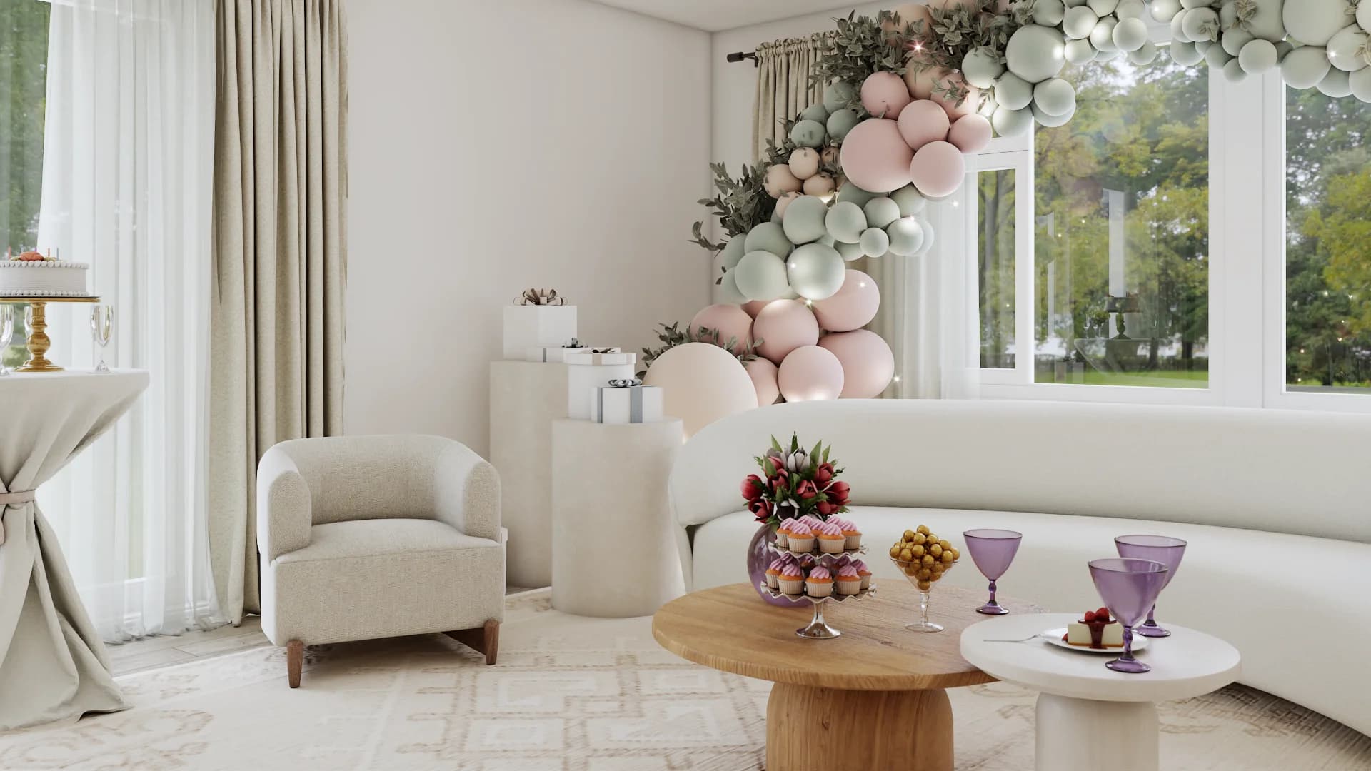Curved cream sofa with ivory boucle armchair, round wood coffee table, and side console