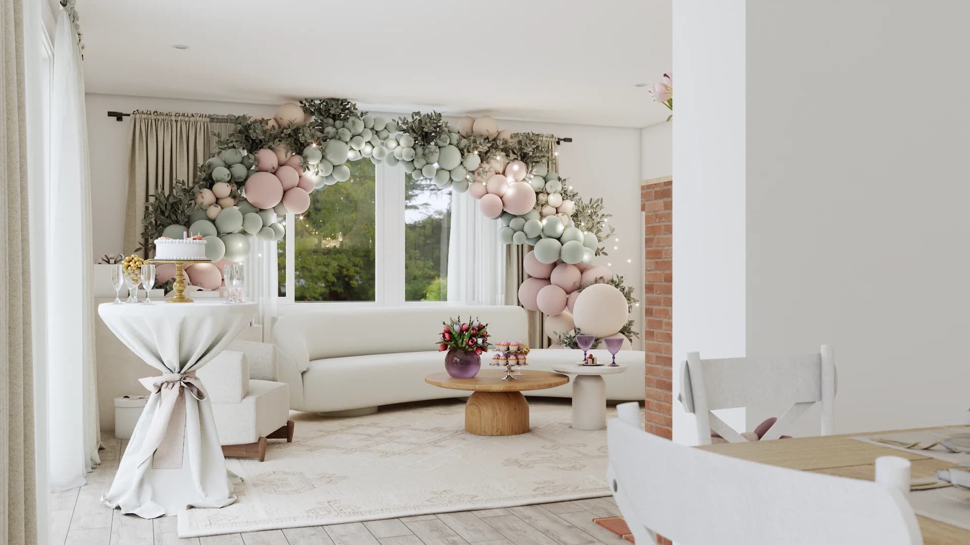 Curved cream sofa with round wood coffee table beside floor-to-ceiling french doors