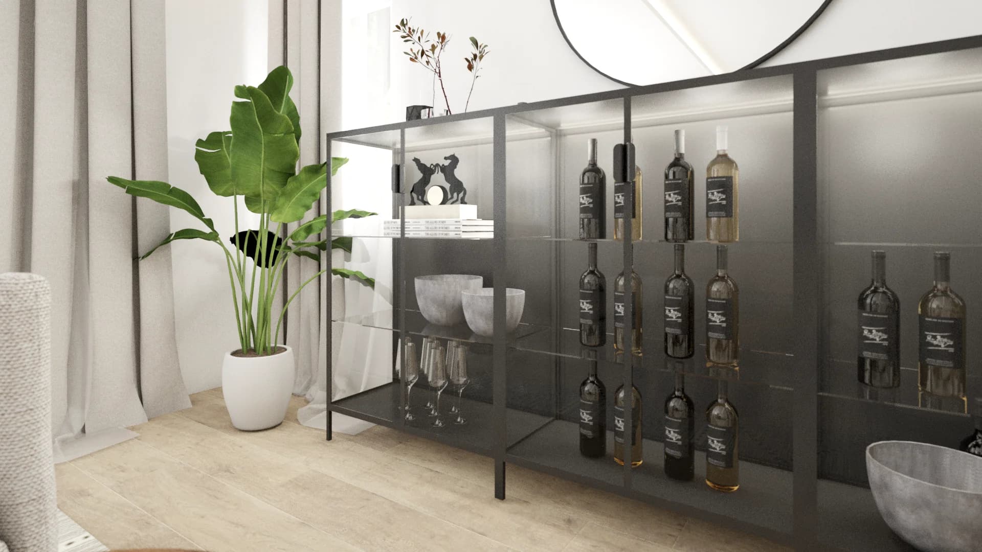 Dark glass wine cabinet closeup with wine bottles, glassware, banana leaf plant, and round mirror above