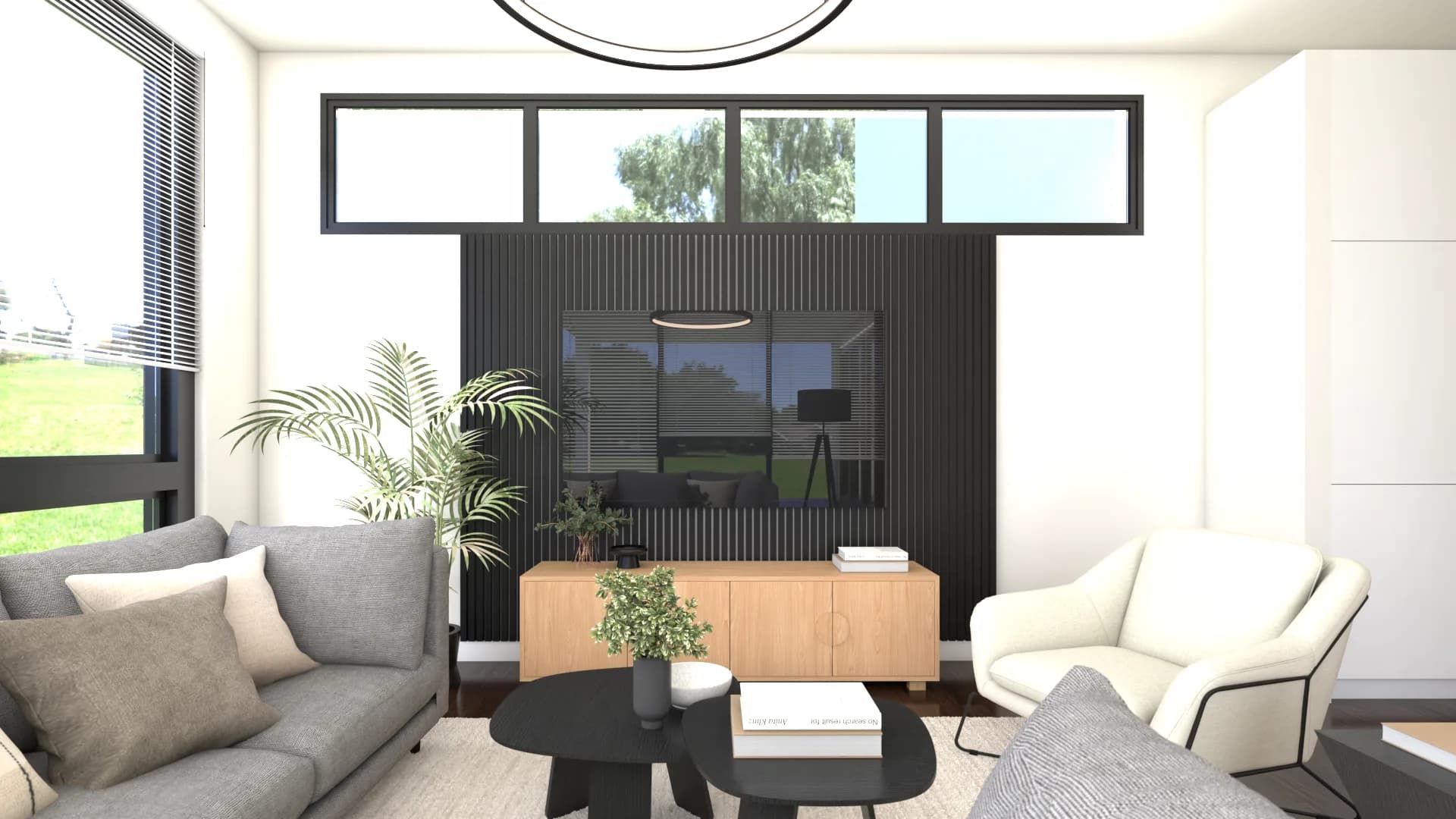 Modern transitional open-plan living room with dark vertical slat TV accent wall, gray sectional sofa, white accent chai