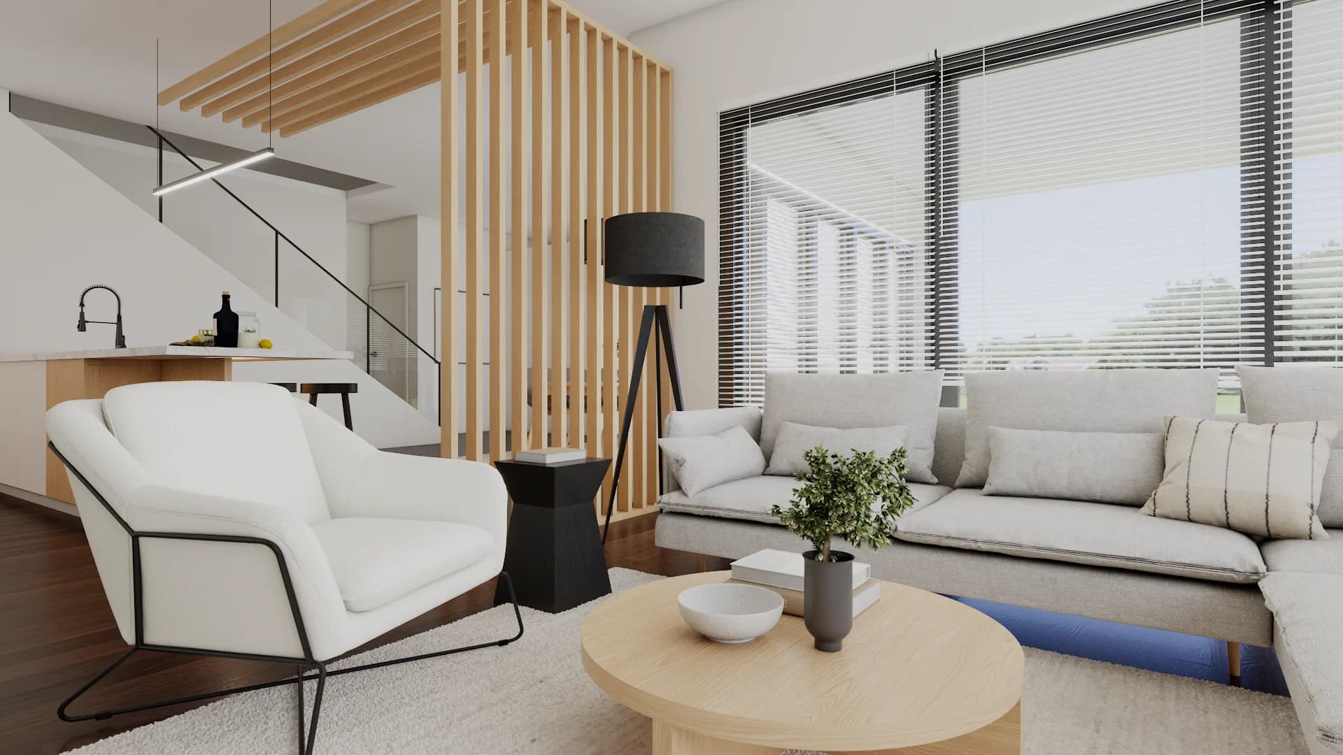 Living room variant with round oak coffee table, white accent chair, and the oak stairway slat divid