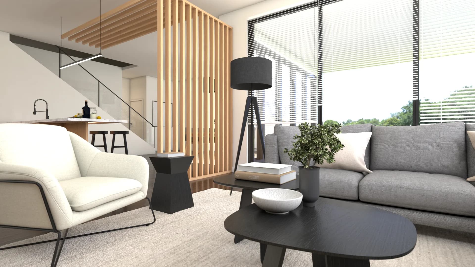 Side angle of the living room featuring the oak slat room divider, gray sectional sofa, and large ga